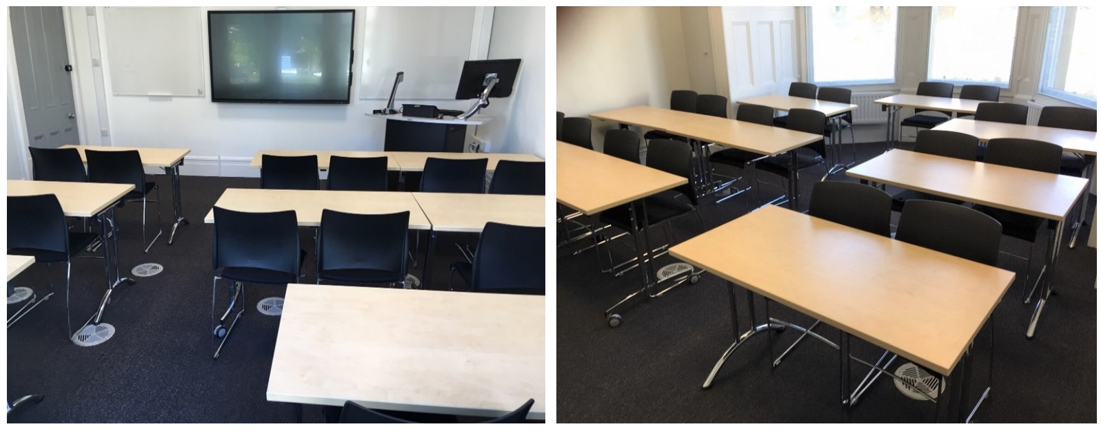Rows of chairs and tables facing the teaching wall.